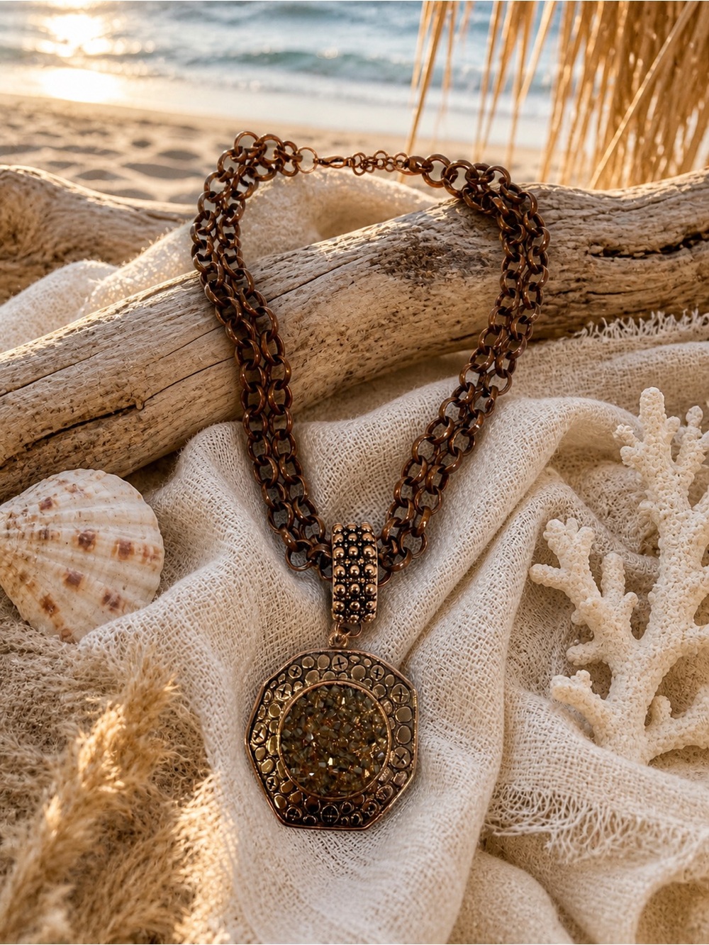 🆕❤️BoHo Chic  Bronze Octagon Druzy Style Copper Pendant Necklace - Women Jewelry